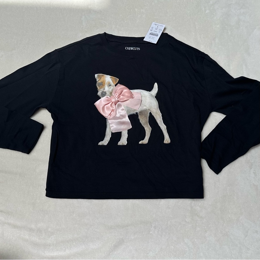 Crewcuts Girls' long-sleeve bow-collared dog graphic T-shirt
